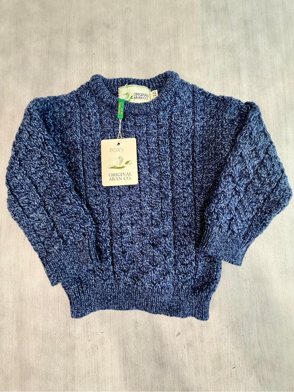 Original Aran Co. 100% New Merino Wool.  Kids size 3-4yrs.  NWT.  Blue cableknit